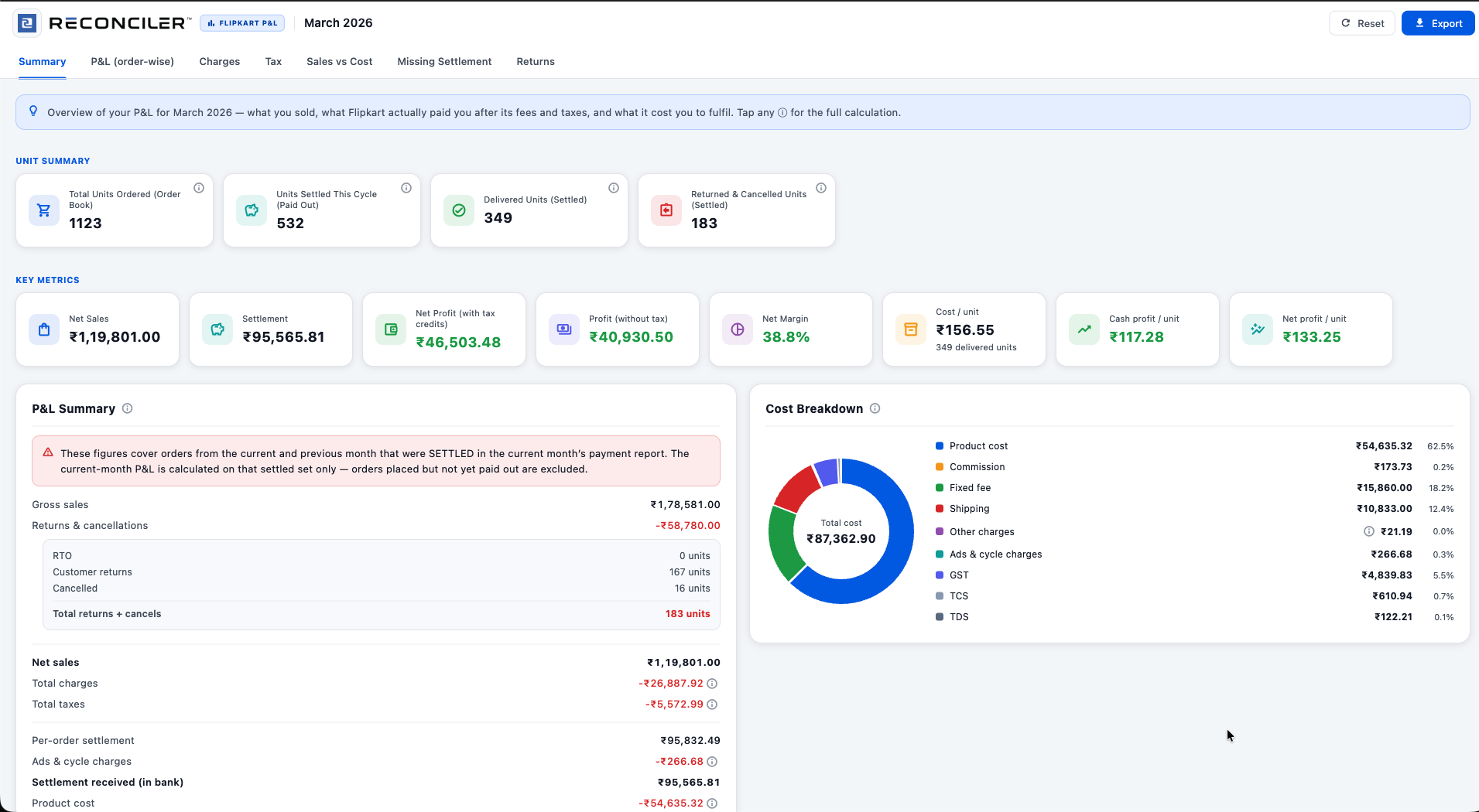 Reconciler dashboard showing reconciliation status and matched transactions